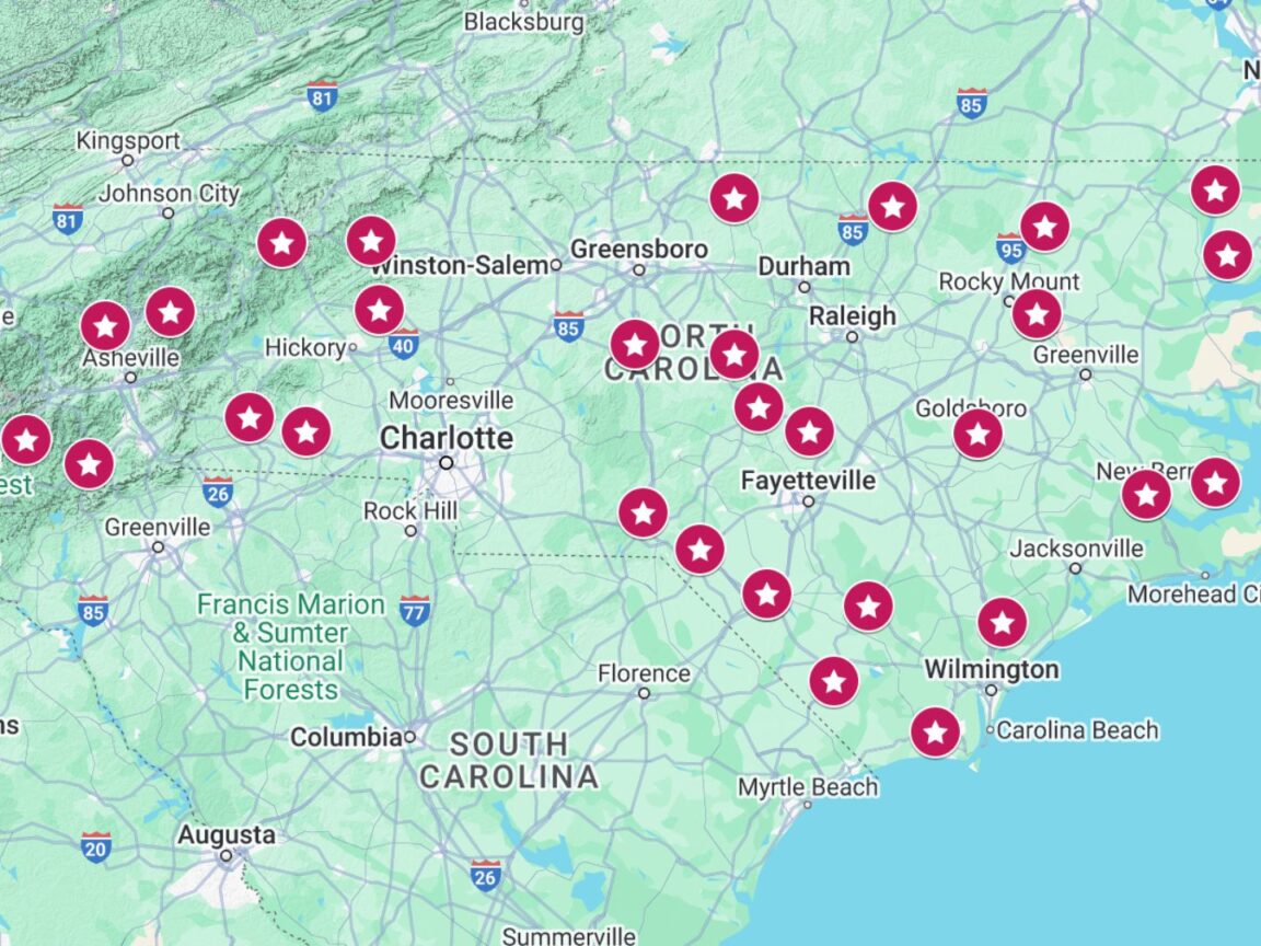 Map highlighting various locations in North Carolina, marked with star icons.