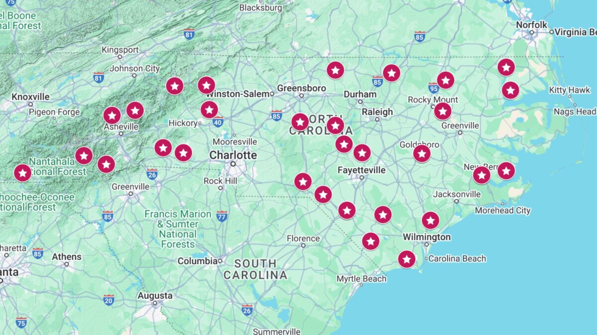 Map highlighting various locations in North Carolina, marked with star icons.