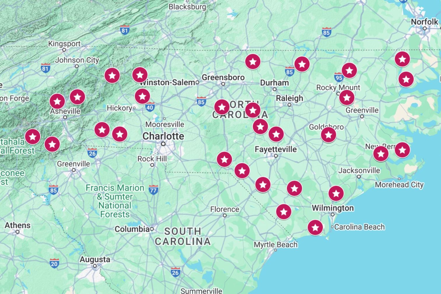 Map highlighting various locations in North Carolina, marked with star icons.