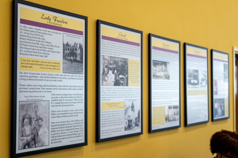 Five historic signs hanging on a yellow wall showcase neighborhood history