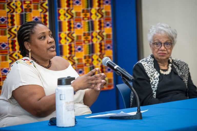 A woman speaks on a panel while another woman listens
