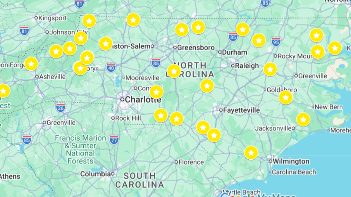 Map of North Carolina and surrounding areas with multiple yellow star markers indicating specific locations.
