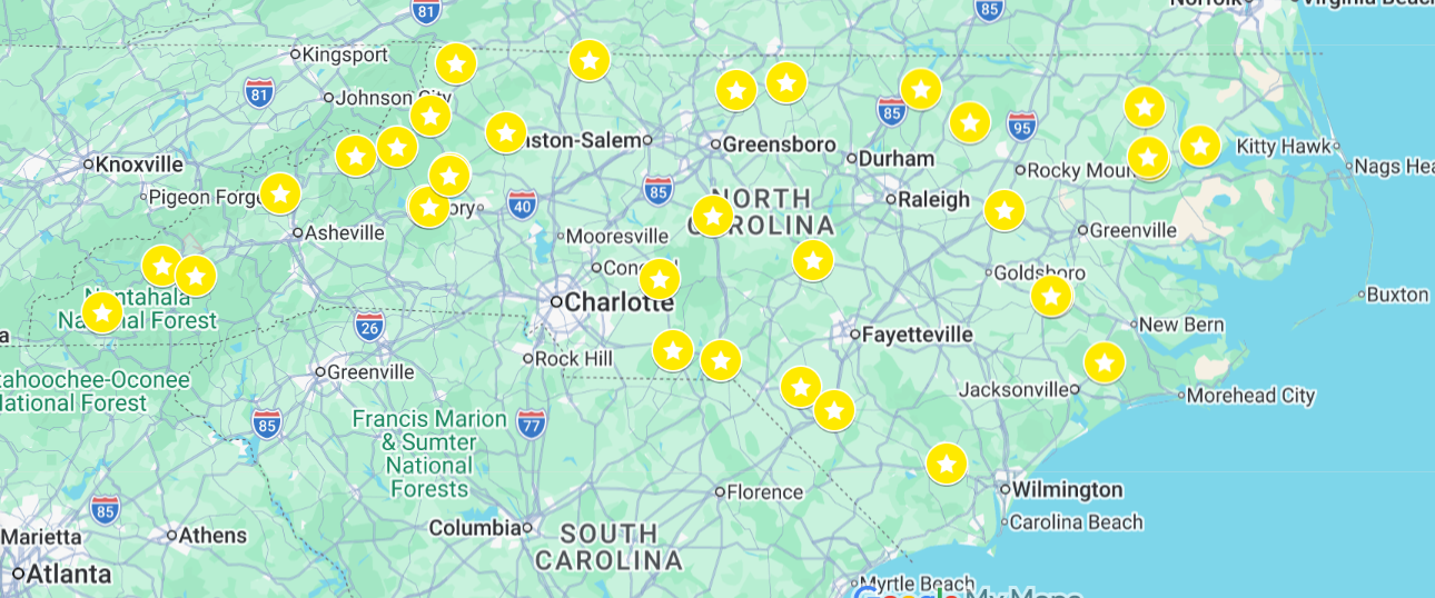 Map of North Carolina and surrounding areas with multiple yellow star markers indicating specific locations.